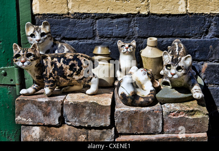 A collection of Winstanley pottery cats arranged outdoors on bricks. Norfolk, UK. Stock Photo