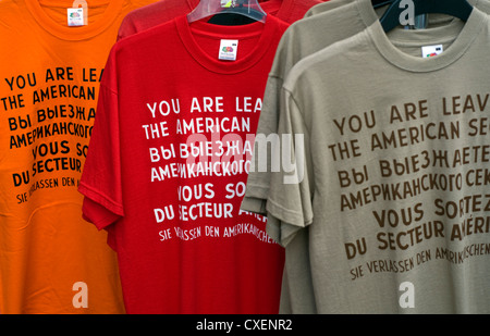Souvenir T-shirts for sale outside a shop near Checkpoint Charlie in Berlin, Germany Stock Photo