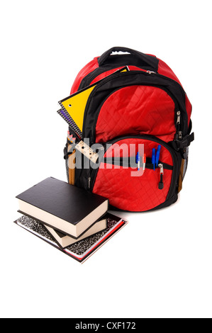red backpack with school supplies on a white background Stock Photo