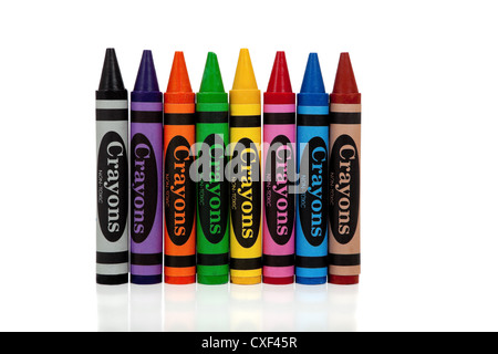 Assorted rainbow colored crayons on a white background Stock Photo