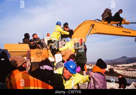 Twyford down road protest , the first digger diving actions M3 extension Winchester. Stock Photo