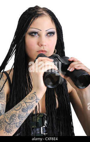 young stylish woman with binoculars, isolated on white Stock Photo