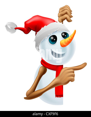 Happy cartoon snowman in a red Santa hat and scarf pointing Stock Photo