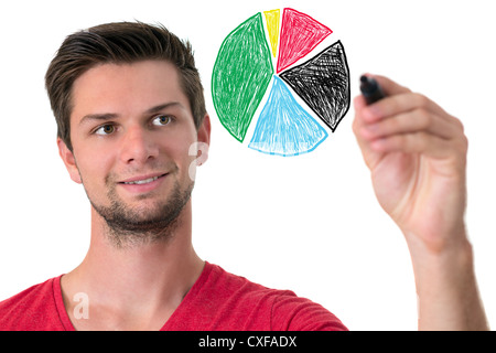 Young man with red t-shirt writing with permanent marker Stock Photo