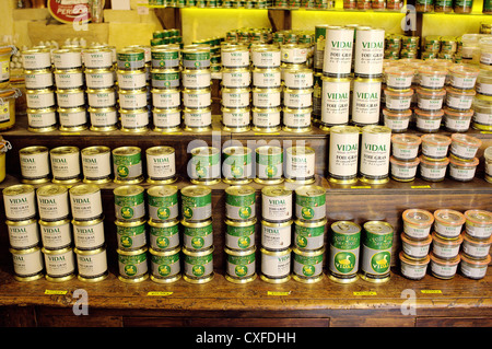 Foie gras and local titbits displayed for sale Sarlat le Caneda Perigord France Stock Photo