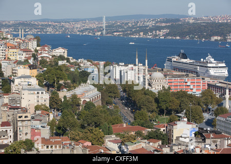 Views from the top of the Galata Tower, in Istanbul, in Turkey. Looking out over the Bosphorus, The Marmara sea, Asia, & Europe. Stock Photo