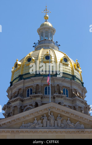 Gold dome and cupola of the Iowa state capitol building or statehouse in Des Moines Stock Photo