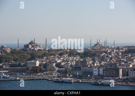 Views from the top of the Galata Tower, in Istanbul, in Turkey. Looking out over the Bosphorus, The Marmara sea, Asia, & Europe. Stock Photo