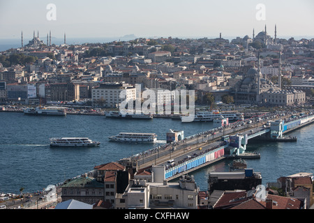 Views from the top of the Galata Tower, in Istanbul, in Turkey. Looking out over the Bosphorus, The Marmara sea, Asia, & Europe. Stock Photo