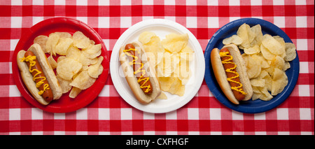 a Row of red, white and blue plates with hot dogs with mustard and chips on a red gingham tablecloth Stock Photo