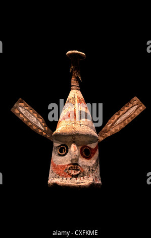 19th-century Melanesian helmet mask  painted barkcloth cane frame large stylized ears Bougainville  Nissan Island Papua New Guinea, Oceania. Stock Photo