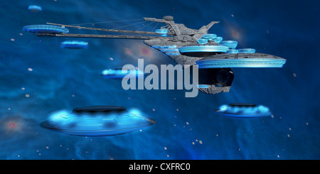 Flying saucers come back to a spaceport near a blue nebula in space. Stock Photo