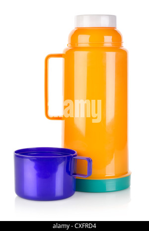 Plastic thermos isolated on a white background Stock Photo