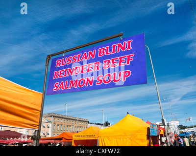 Sign in Helsinki Harbour market for Russian Blini Reindeer Soup and Salmon Soup Stock Photo
