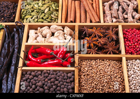 spices and herbs in wooden box Stock Photo