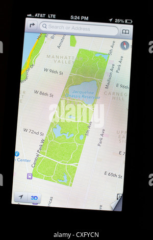 New Apple's iOS 6 Maps app showing satellite view/detail of the Central Park, NYC on the screen of a new iPhone 5 Stock Photo