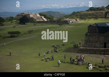 Tourists visit the Zapotec city of Monte Alban, Oaxaca, Mexico, July 13, 2012. Stock Photo