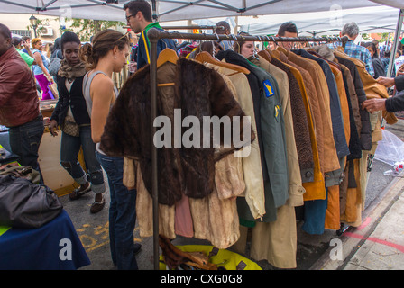 New York City, USA, People Shopping in VIntage Old Clothing Stall the Brooklyn Street Festival, 'Atlantic Antic', Flea Market, clothes shopping  [USA] Stock Photo