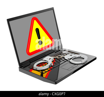 Warning sign on laptop screen with handcuffs Stock Photo