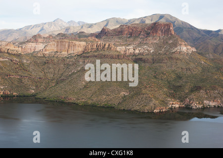 AERIAL VIEW. Lake Apache a reservoir on the Salt River to stock water for Phoenix. Tonto National Forest, Maricopa County (right bank), Arizona, USA. Stock Photo
