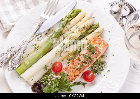 Asparagus with salmon and salad Stock Photo