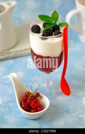 Yogurt with blackberries and red berries jam. Recipe available Stock Photo