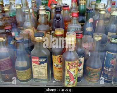 Berlin, dusty liquor bottles in a shop window Stock Photo