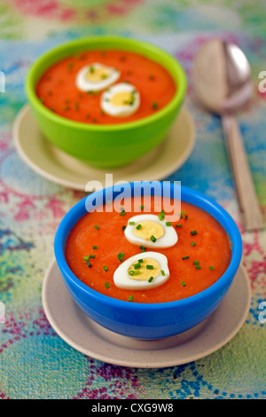 Vegetables cream with eggs of quail. Recipe available. Stock Photo