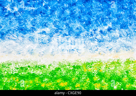 An abstract landscape comprised of rough strokes of acrylic paint. Stock Photo