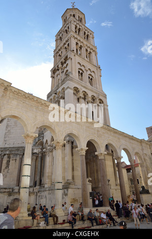 Columned peristyle and spire of Cathedral of Saint Dommios, Old Town, Split, Split-Dalmatia County, Croatia Stock Photo