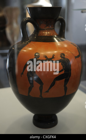 Greek Art. Panathenaic amphore. Wessel painting. Wrestlers. Ny Carlsberg Glyptotek. Copenhague. Stock Photo