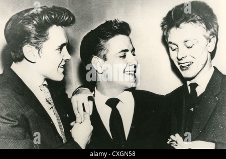 EDDIE COCHRAN (1938-1960) US rock 'n' roll musician centre with Billy Fury at left and Joe Brown on UK TV show in 1960 Stock Photo