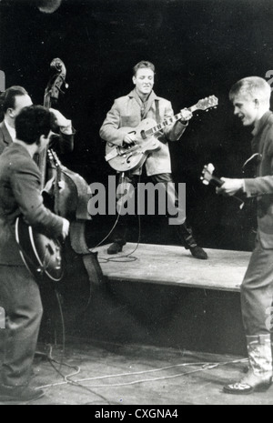 EDDIE COCHRAN (1938-1960) US rock 'n' roll musician with Joe Brown at right on a UK TV show in 1960 Stock Photo