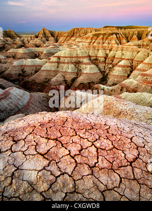 Eroded and cracked rock and mud formations. Badlands National Park. South Dakota formations.