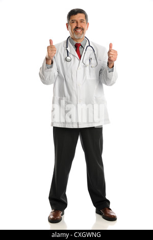 Senior Hispanic doctor showing thumbs up standing over white background Stock Photo