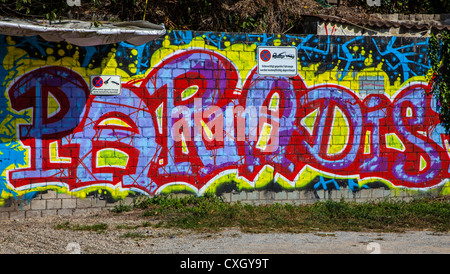 No parking in front of paradise. Graffiti on a wall and a no parking sign. Stock Photo