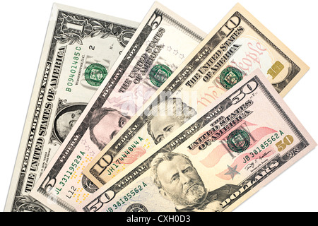 four different dollar bills, US-Dollars, front, isolated on 100% white Stock Photo