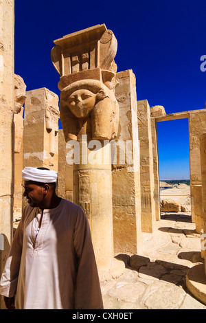 Guard at Deir al-Bahri, Hatshepsut Temple, Luxor, Egypt Stock Photo