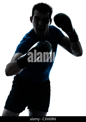 one caucasian man exercising boxing boxer  workout fitness in silhouette studio  isolated on white background Stock Photo