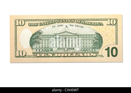 dollar bill, Ten-Dollar-Bill, backside, US-Dollar, isolated on 100% white Stock Photo