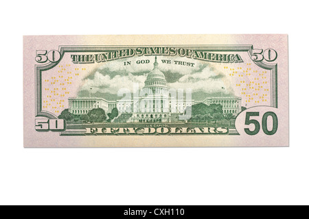 dollar bill, Fifty-Dollar-Bill, backside, US-Dollar, isolated on 100% white Stock Photo