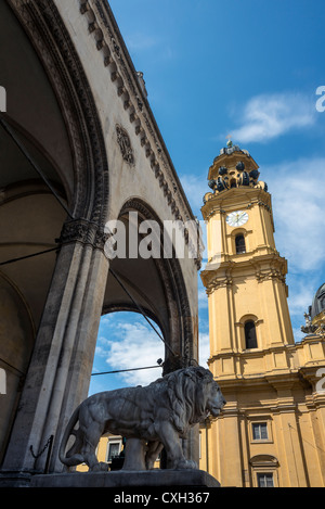 Hall of the Comanders with sculpture of a lion in front of Theatiner Church St. Kajetan, Munich, Bavaria, Germany, Europe Stock Photo