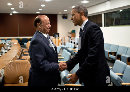 US President Barack Obama meets President Abd Rabbuh Mansur Al-Hadi of Yemen September 25, 2012 in the Security Council Consultation Room at the United Nations in New York, NY. Stock Photo