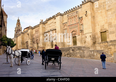 Historic facade of the Mezquita Cathedral (Great Mosque) and hackney coaches on a street in Cordoba, Spain, Andalusia region. Stock Photo