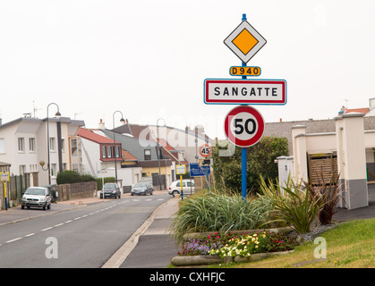 Town sign for Sangatte, Calais, france Stock Photo