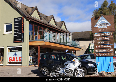 Mountain cafe and Cairngorm sports outdoor shop in Aviemore part of the Cairngorms National Park in the Scottish Highlands Stock Photo