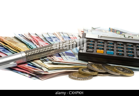 financial calculator with pencil and euro money paper Stock Photo