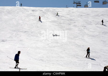 Falling while Skiing on a piste The Alpe De Siusi Selva Val Gardena Dolomites Italy Stock Photo