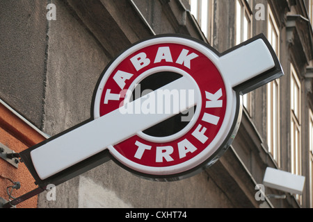 Generic tabak/trafik sign above a tobacconists shop in Vienna, Austria. Stock Photo