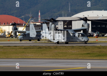 Marine Tiltrotor Squadron 265 MV-22B Osprey aircraft taxis down a runway aboard Marine Corps Air Station Iwakuni, Japan, Oct. 01, 2012. The Osprey flies twice as fast, carries nearly three times the payload and has four times the range of the CH-46E helicopter, enhancing the U.S.-Japan security alliance. Stock Photo